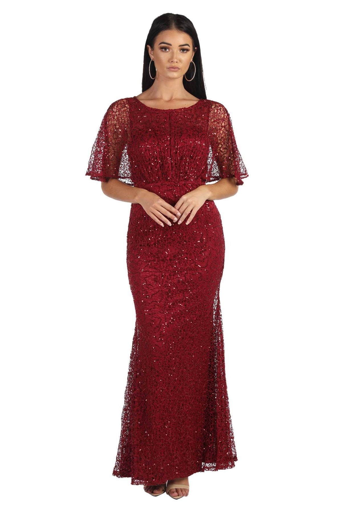 Deep Red sequin evening maxi dress with boat neckline and butterfly half sleeves