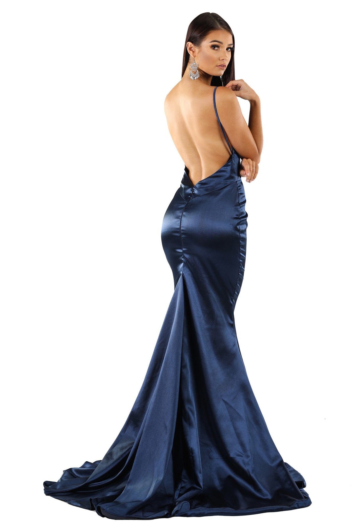 Backless Design of Navy Dark Blue Satin Formal Long Dress with deep V neckline, thin shoulder straps, open V back, floor sweep train