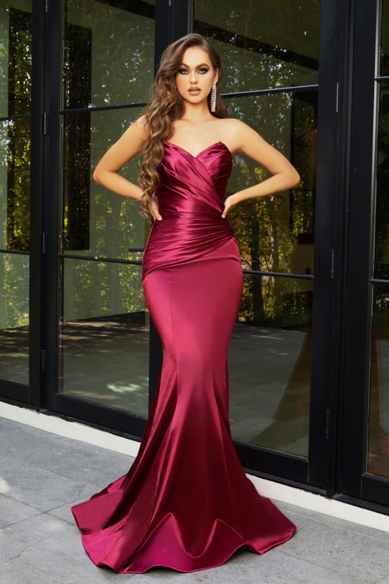 Style PS21279 Stretch Satin Gown in Burgundy by Designer Portia & Scarlett featuring strapless gathered bodice and figure hugging mermaid silhouette
