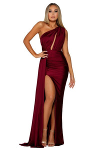 Deep Red Floor Length Slim Fitted Evening Gown with One shoulder Cut Out Detail and Side Draping and Thigh High Split