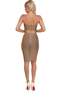 Back of khaki brown two piece bandage set including a bandeau top and midi pencil skirt
