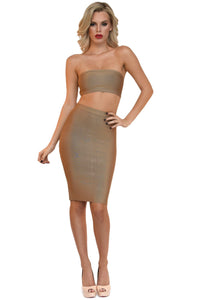 Front of khaki brown two piece bandage set including a bandeau top and midi pencil skirt