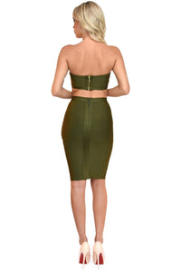 Back of olive green two piece bandage set including a bandeau top and midi pencil skirt