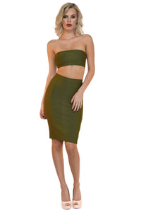 Front of olive green two piece bandage set including a bandeau top and midi pencil skirt