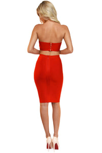 Back of two piece bandage set including a bandeau top and a midi pencil skirt