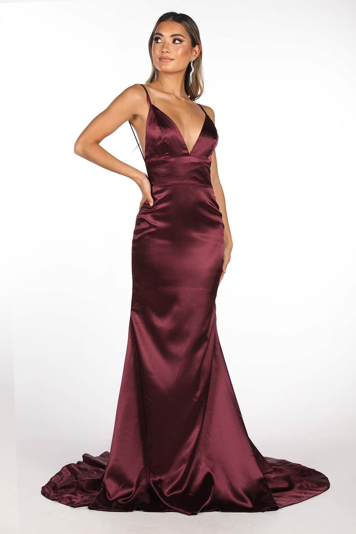 Deep Purple Satin Full Length Evening Long Dress with Deep V Neckline, Thin Shoulder Straps, Open V Backless Style and Sweep Train