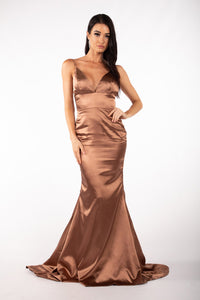 Brown Satin Full Length Mermaid Evening Gown with V Neck, Backless Design and Sweep Train