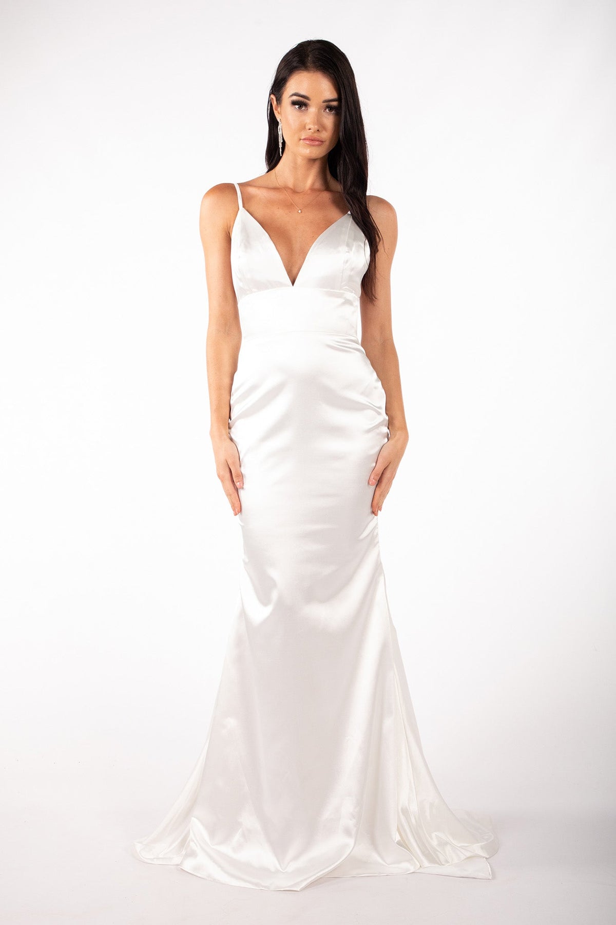 Ivory White Satin Full Length Mermaid Evening Gown with V Neck, Backless Design and Sweep Train
