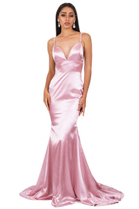 Front of blush pink silk satin floor length formal evening sleeveless gown with V neckline, thin shoulder straps, backless design and long train 