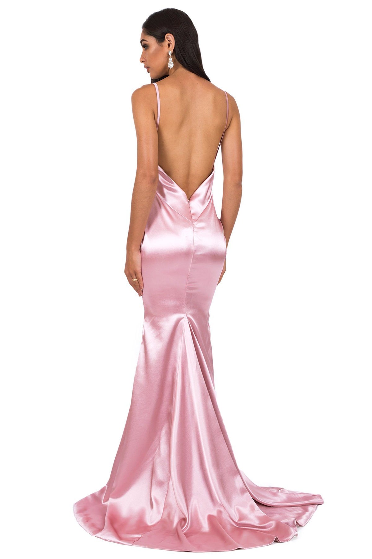 Back of blush pink silk satin floor length formal evening sleeveless gown with V neckline, thin shoulder straps, backless design and long train 