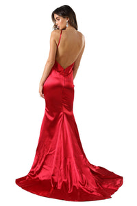 Bright red sleeveless satin formal long gown with thin shoulder straps, open back design and a long train