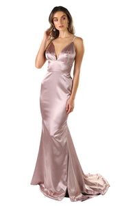 Champagne silk satin floor length formal evening sleeveless gown with V neckline, thin shoulder straps, backless design and long train 
