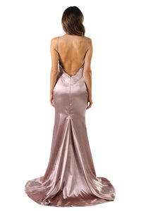 Champagne silk satin floor length formal evening sleeveless gown with V neckline, thin shoulder straps, backless design and long train 
