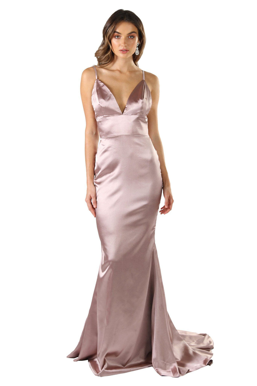 Champagne silk satin floor length formal evening sleeveless gown with V neckline, thin shoulder straps, backless design and long train 