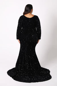 Sweep train and closed black design of Black Winter Evening Formal Long Sleeve Sequinned Velvet Gown with V Neckline and Fit & Flare Mermaid Silhouette
