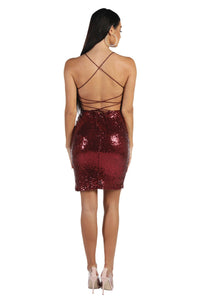Lace Up Open Back Design of Bodycon Sequin Mini Dress in Deep Red Colour