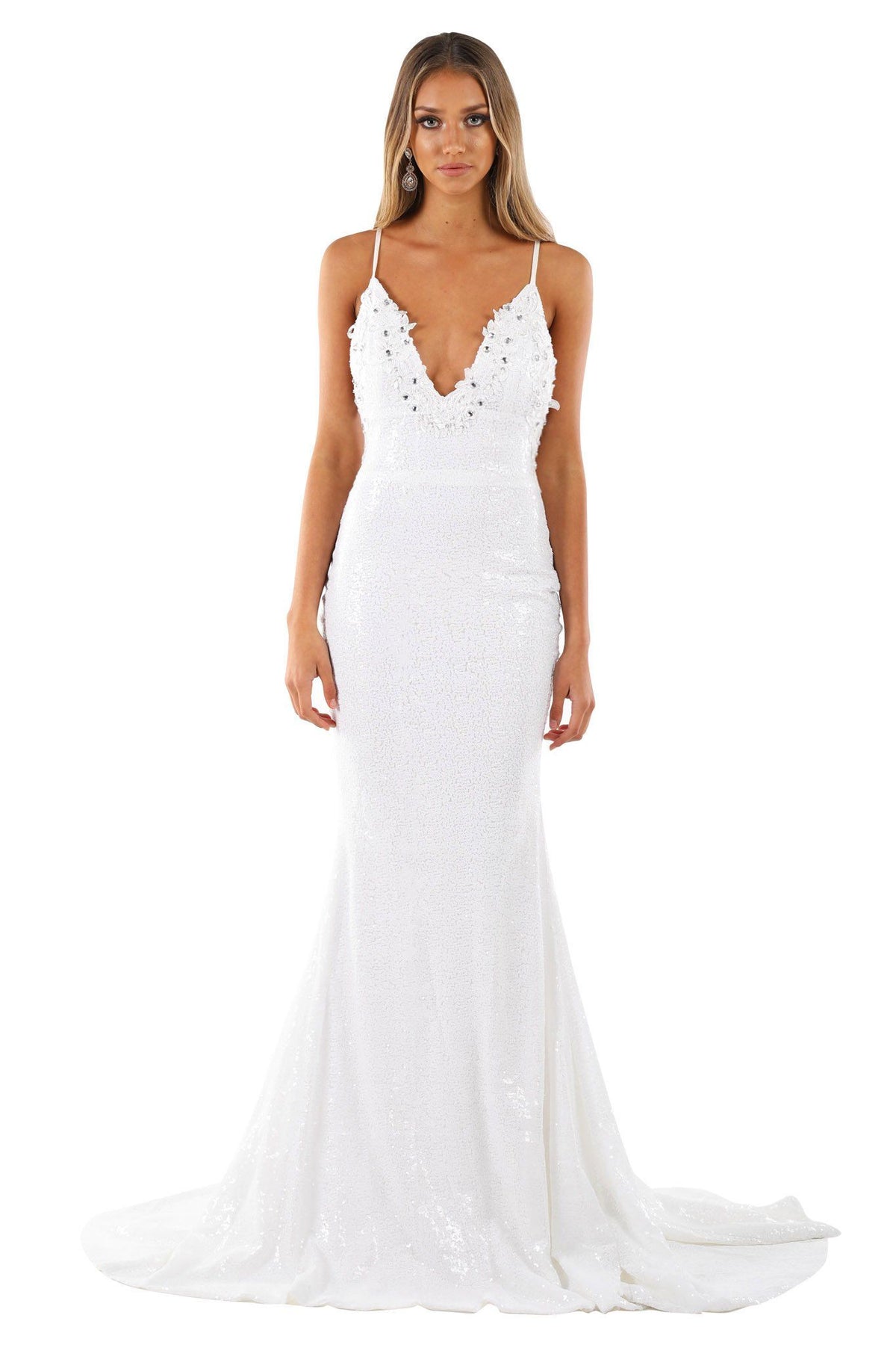 White Sequin Sleeveless Evening Gown features plunging neckline, thin shoulder straps, V backless design, fitted bodice to the knees then the skirt flares out in a mermaid style with a long train