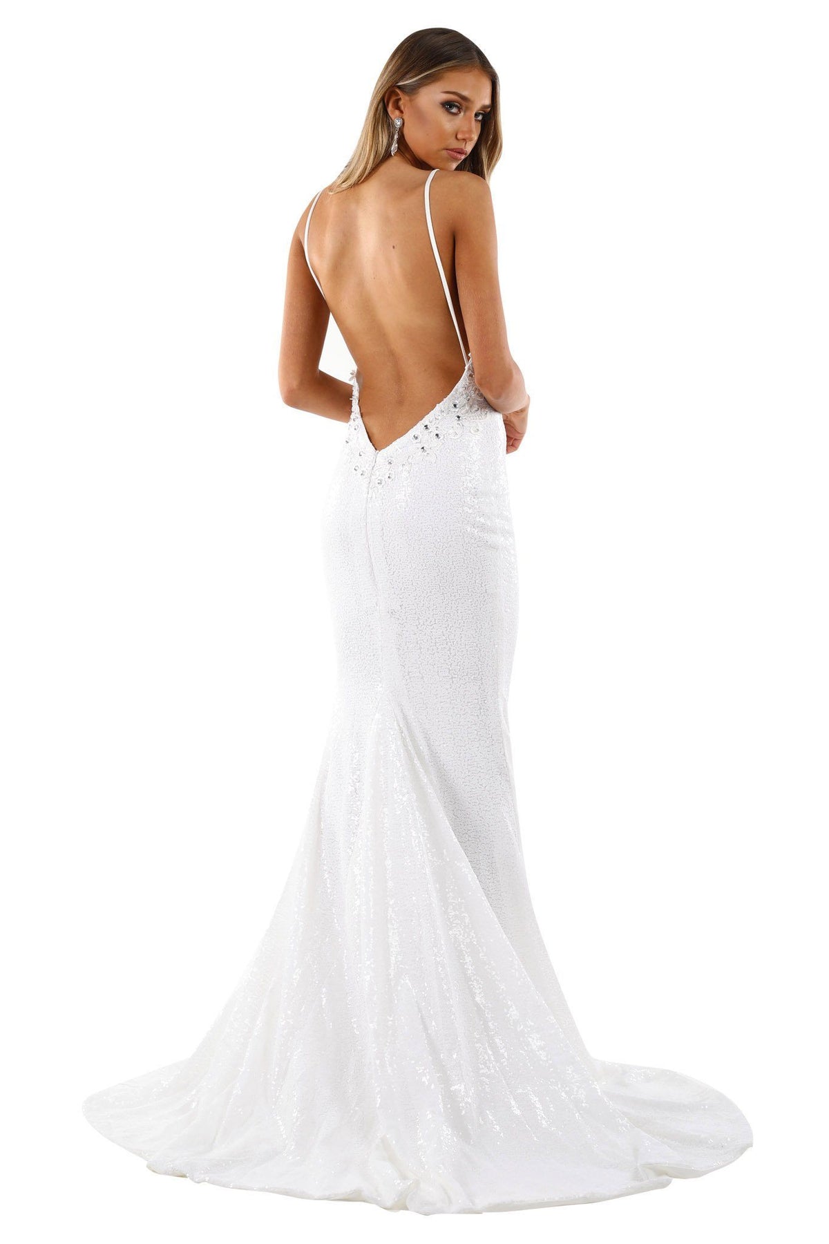 White Sequin Sleeveless Evening Gown features plunging neckline, thin shoulder straps, V backless design, fitted bodice to the knees then the skirt flares out in a mermaid style with a long train