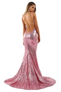 Bright Pink Sequin Formal Prom Sleeveless Gown featuring Deep V Neck, V Shaped Backless Design, Thin Shoulder Straps, and Long Train