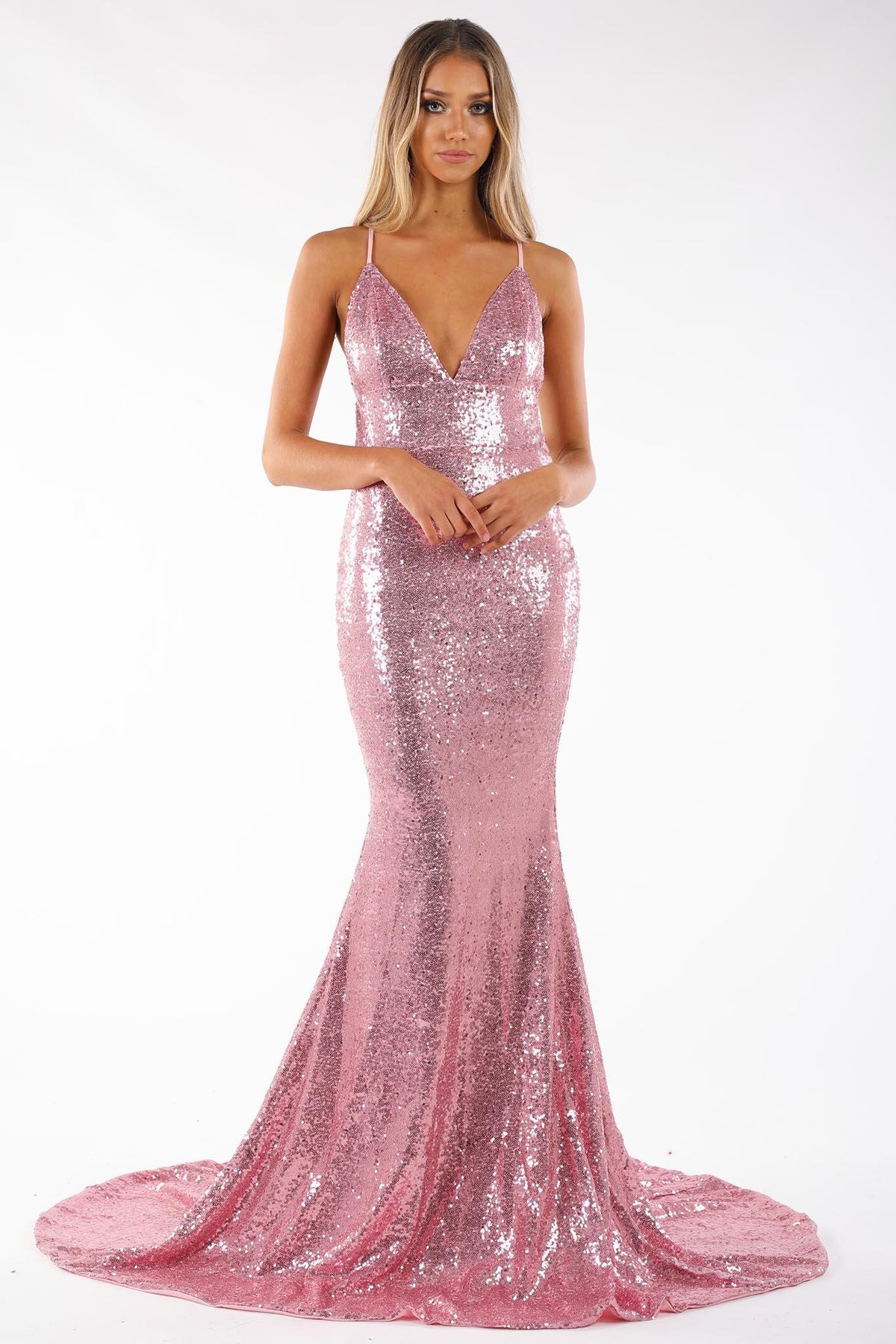 Bright Pink Sequin Formal Prom Sleeveless Gown featuring Deep V Neck, V Shaped Backless Design, Thin Shoulder Straps, and Long Train