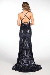 Back image showing lace up on open back design of navy full length sequin gown featuring hand beaded lace detail, V plunging neckline, thin straps with lace up on open back and sweep train