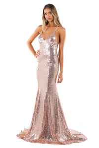 Rose gold sleeveless sequin long evening trumpet gown, V neckline, self tie lace up on open back, sweep train