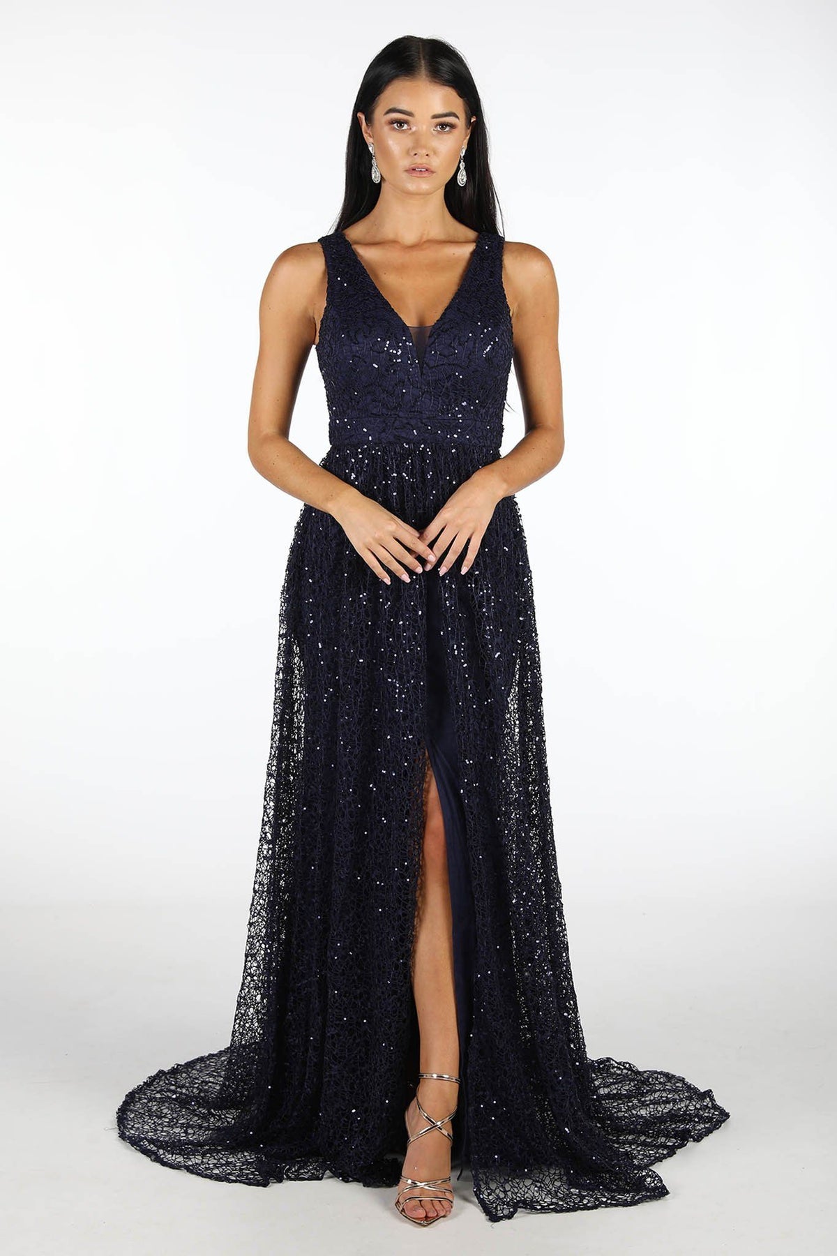 Navy Sequinned Mesh Floor Length Ball Gown with Deep V Neckline, Wide A-Line Skirt and Front Split