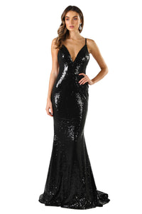 Black Sequin Formal Prom Sleeveless Gown featuring Deep V Neck, V Shaped Backless Design, Thin Shoulder Straps, and Long Train