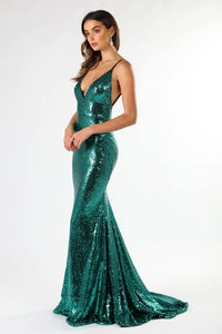 Emerald Green Sequin Formal Prom Sleeveless Gown featuring Deep V Neck, V Shaped Backless Design, Thin Shoulder Straps, and Long Train