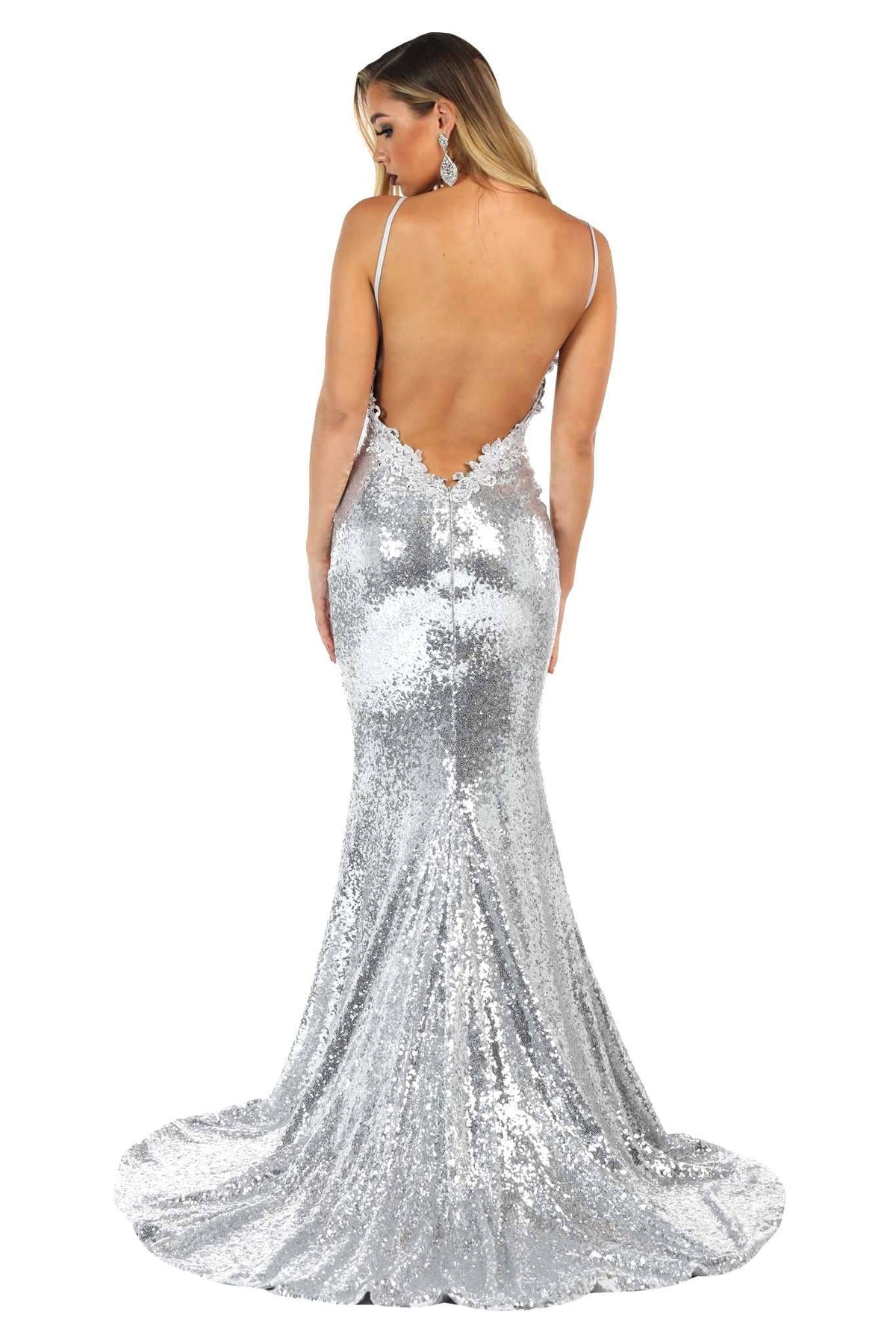 V backless design of Silver sleeveless fitted sequin evening long gown featuring V neckline with beaded lace detailing, thin shoulder straps and very long train