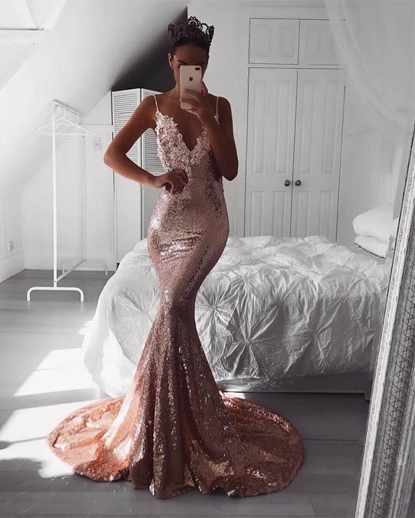Instagram Blogger Emma Spiliopoulos wearing Roselle Luxe in Rose Gold sleeveless fitted sequin evening long gown featuring V neckline with beaded lace detailing, thin shoulder straps, V backless design and very long train