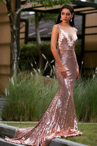 Rose Gold sleeveless fitted sequin evening long gown featuring V neckline with beaded lace detailing, thin shoulder straps, V backless design and very long train