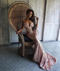 Roselle luxe sequin gown in rose gold worn by blogger @shiraleecoleman