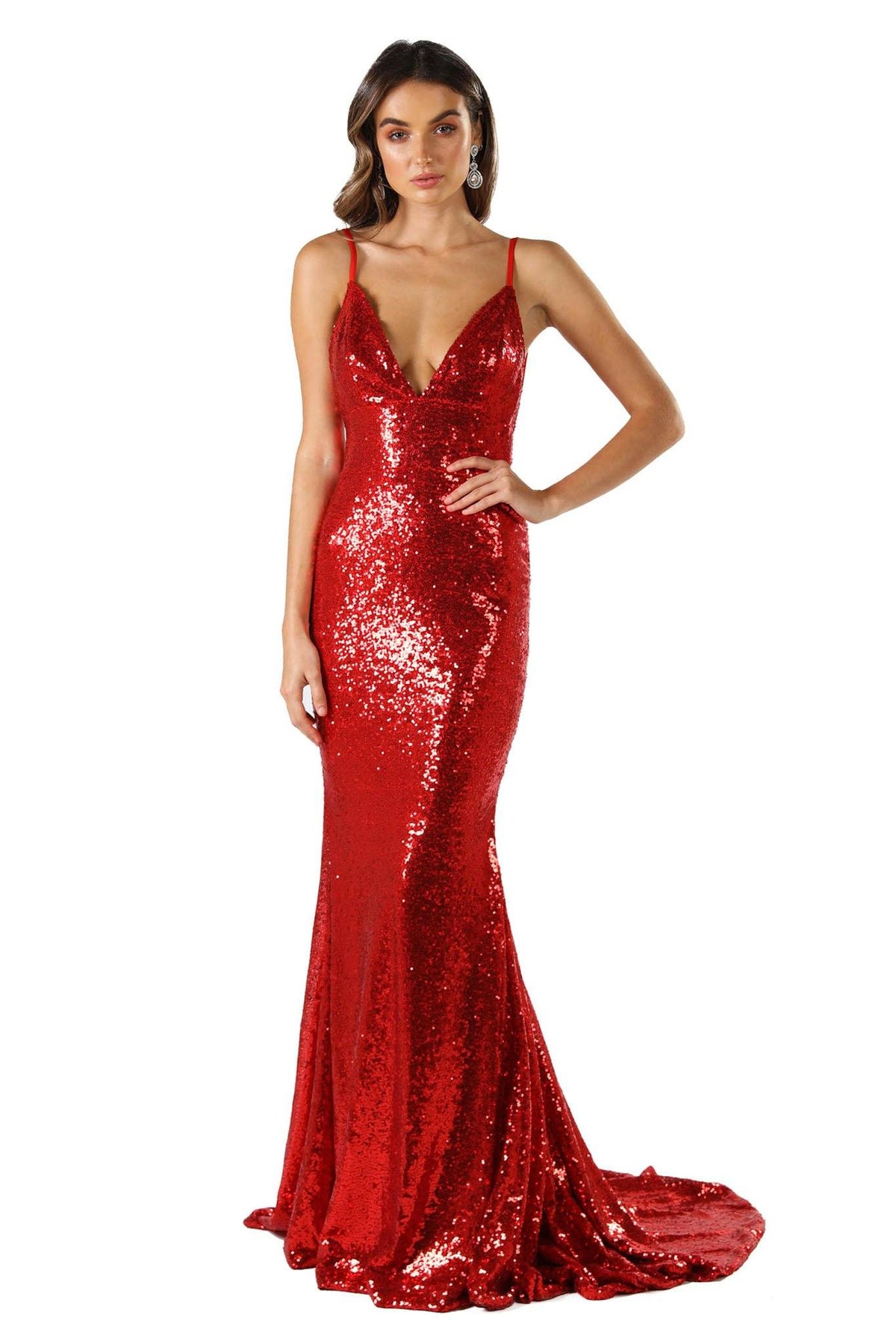 Deep V Neckline Design of Bright Red Fitted Sequin Formal Sleeveless Long Gown featuring Deep V Neck, Thin Shoulder Straps, Open back design, and Long Train
