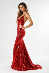 Bright Red Fitted Sequin Formal Sleeveless Long Gown featuring Deep V Neck, Thin Shoulder Straps, Open back design, and Long Train