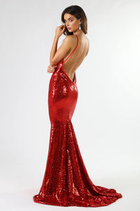 V Shape Backless Design of Bright Red Fitted Sequin Formal Sleeveless Long Gown featuring Deep V Neck, Thin Shoulder Straps, Open back design, and Long Train