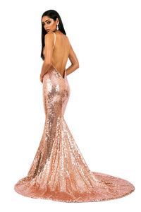 Back Shot of Rose Gold Sequin Formal Prom Gown with Open Back and V Neck Design and Long Train