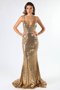 Deep V Neckline of Fitted Gold Sequin Formal Prom Sleeveless Gown with Thin Shoulder Straps, Open Back, and Long Train