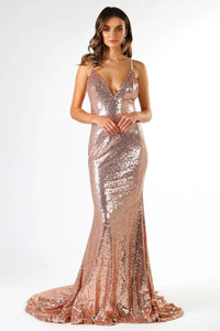 Rose Gold Sequin Formal Prom Sleeveless Gown featuring Deep V Neck, V Shaped Backless Design, Thin Shoulder Straps, and Long Train