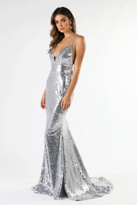 Silver Fitted Sequin Formal Sleeveless Long Gown featuring Deep V Neck, Thin Shoulder Straps, Backless Design, and Long Train