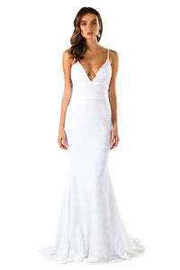 White Fitted Sequin Formal Wedding Sleeveless Gown featuring Deep V Neck, Thin Shoulder Straps, Backless Design, and Long Train