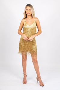 Shiny Gold Beaded Fringe Hem Mini Dress with V Neckline and Thin Shoulder Straps