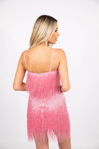 Back Image of Shiny Bright Pink Beaded Fringe Hem Mini Dress with V Neckline and Thin Shoulder Straps