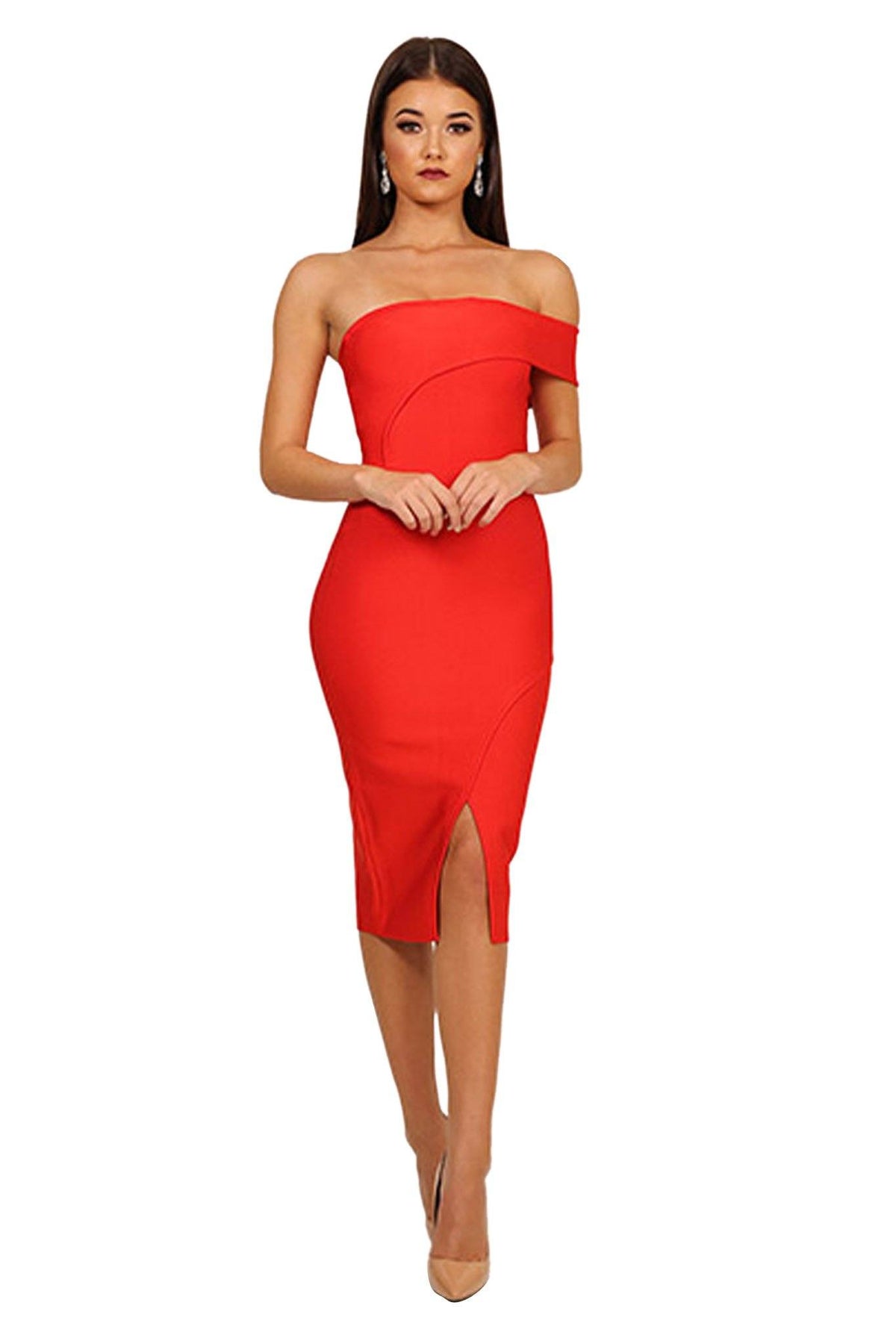 Red one shoulder bodycon midi bandage dress with front slit