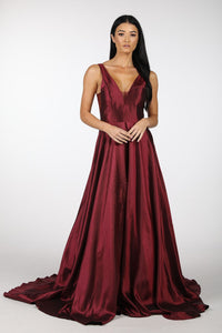 Deep Red V-Neck Satin Ball Gown with Open V Back