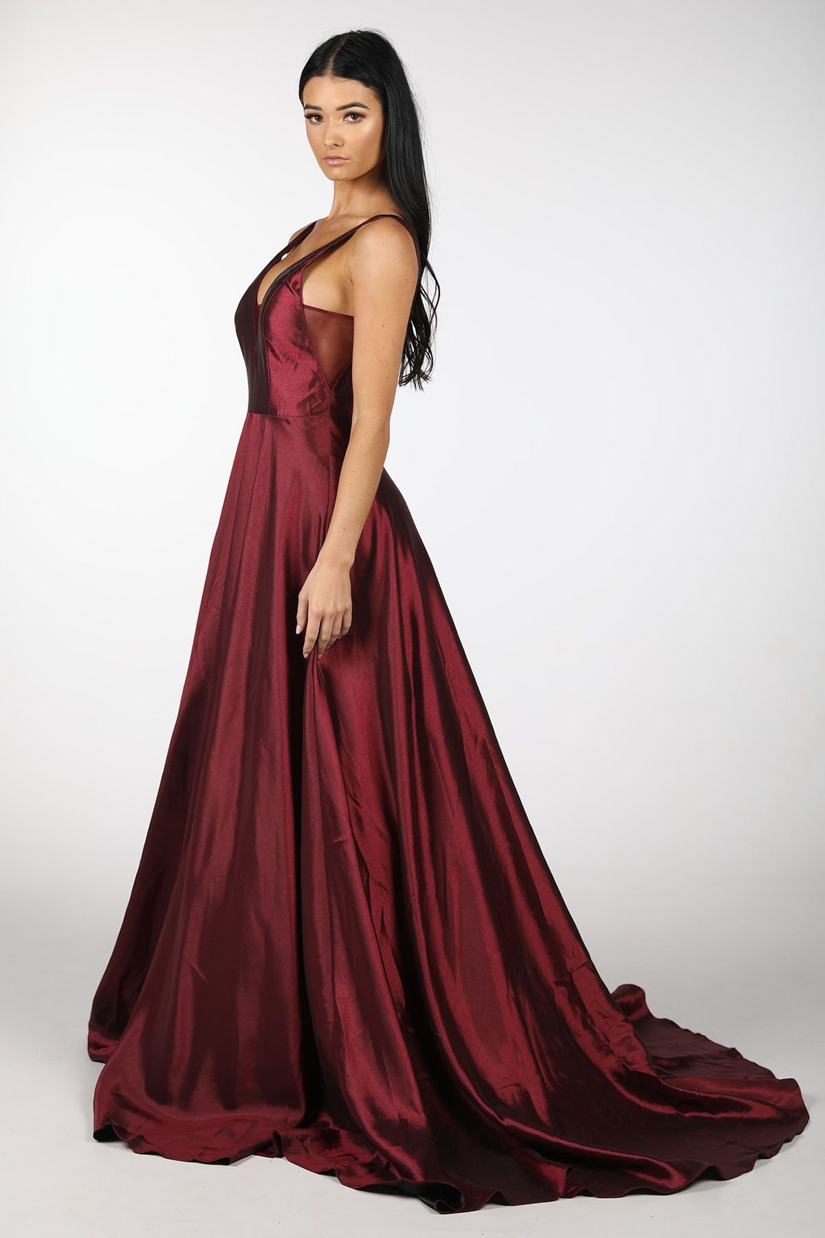 Deep Red V-Neck Satin Ball Gown with Open V Back