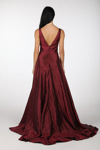 Open V Back Design of Deep Red V-Neck Satin Ball Gown