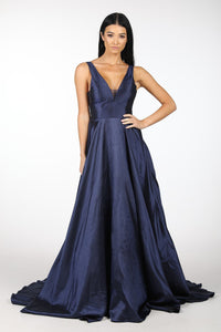 Navy Satin Ball Gown with V-Neck and V Open Back