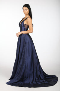 Side Image of Navy Satin Ball Gown with V-Neck and V Open Back