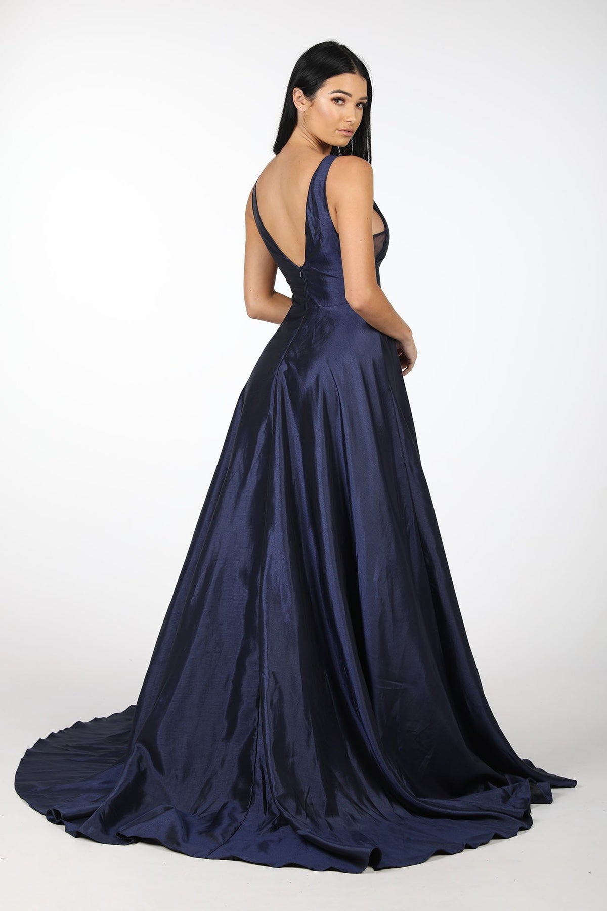 Back Image of Navy Satin Ball Gown with V-Neck and V Open Back